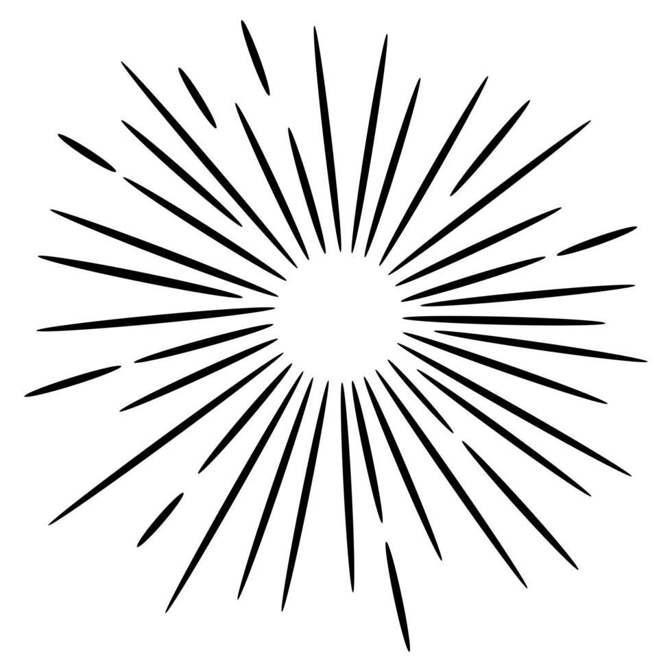 Starburst, sunburst  hand drawn. Design Element Fireworks Black Rays. Comic explosion effect. Radiating, radial lines. vector