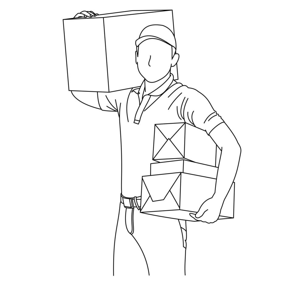 Illustration line drawings a male courier holding a clipboard and carries cardboard while standing. Delivery Courier with clipboard and cardboard boxes. Delivering package isolated on white background vector