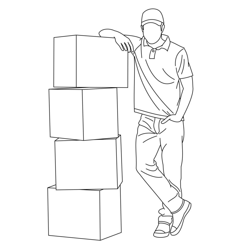 Illustration line drawings a satisfied and proud young delivery man leaning on a stack of boxes. Delivery Couriers is ready to bring many cardboard boxes isolated on white background vector