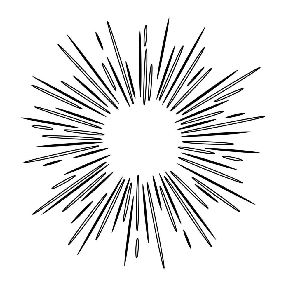 Starburst, sunburst  hand drawn. Design Element Fireworks Black Rays. Comic explosion effect. Radiating, radial lines. vector