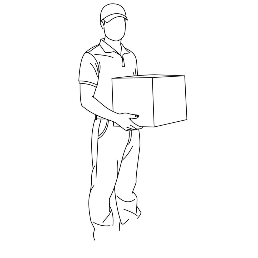 Illustration line drawings a male courier holding a clipboard and carries cardboard while standing. Delivery Courier with clipboard and cardboard boxes. Delivering package isolated on white background vector