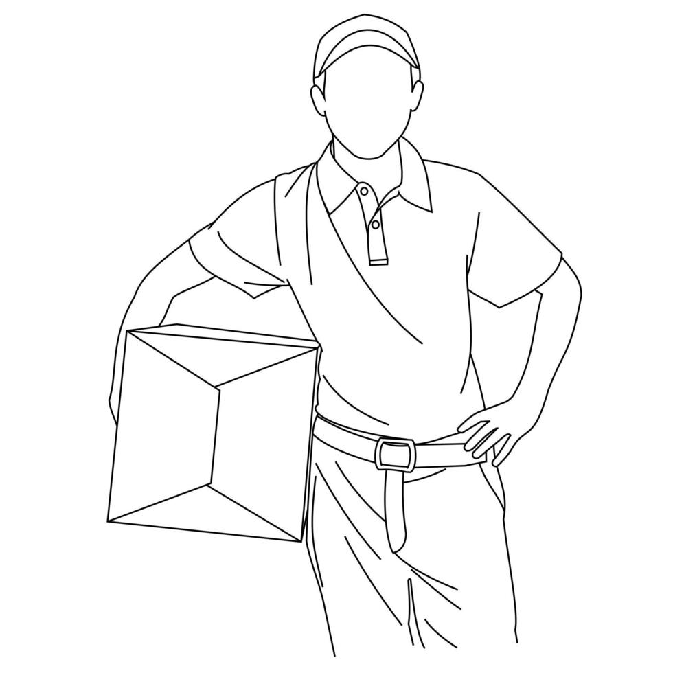 Illustration line drawings a male courier holding a clipboard and carries cardboard while standing. Delivery Courier with clipboard and cardboard boxes. Delivering package isolated on white background vector