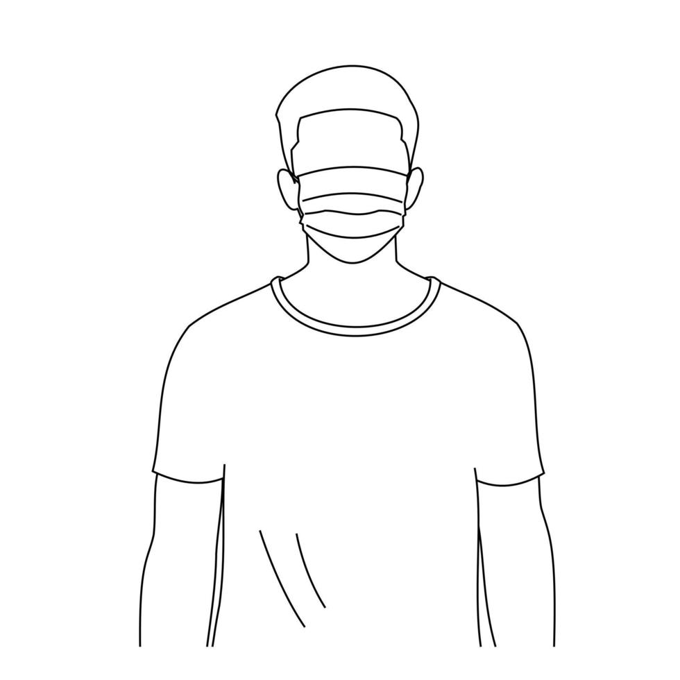 Illustration line drawing of a young man sick wearing medical face masks to protect from diseases, air pollution, coronavirus, sars, germ, flu or mers-cov. Girl with face masks looking at the camera vector