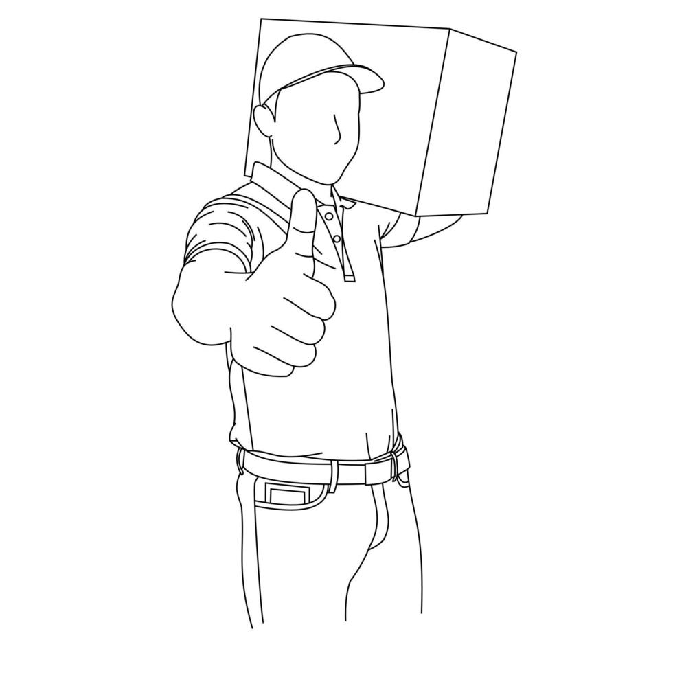 Illustration line drawings a male courier in t-shirts holding a cardboard while standing. Delivery couriers bring cardboard boxes on shoulders or arm. Carrying packages while gesturing thumb up sign vector