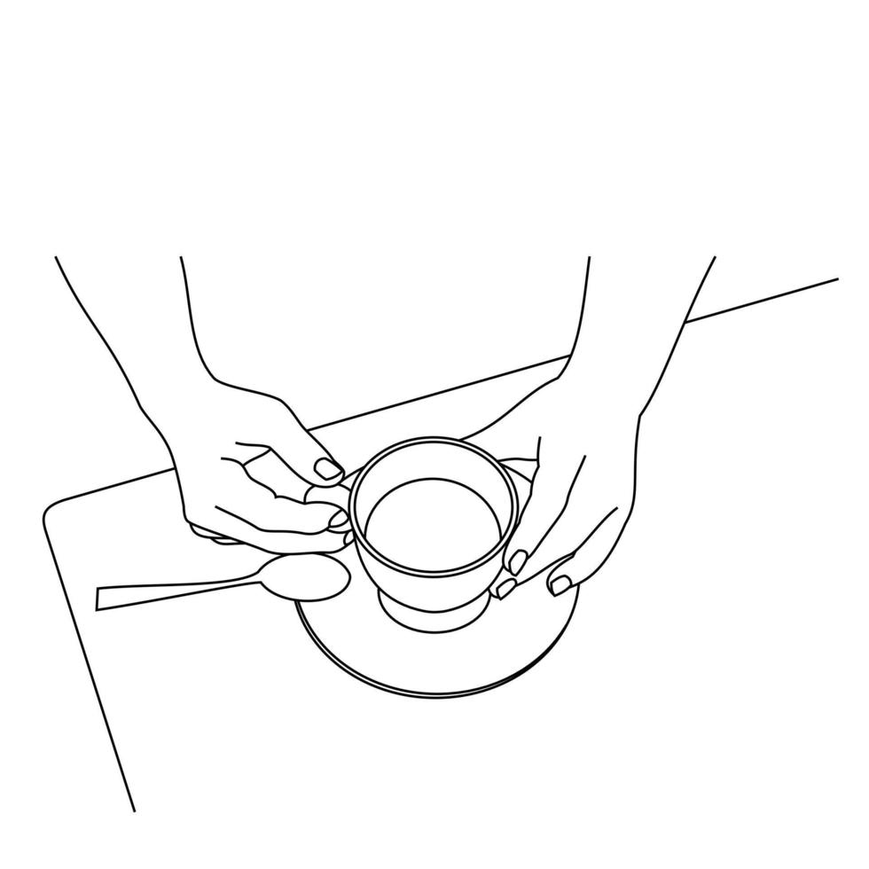Illustration line drawing a hands holding a fresh cup of coffee or tea hot. Cup of italian or americano coffee espresso. Breakfast concept or vintage. Have a nice day. Isolated on white background vector