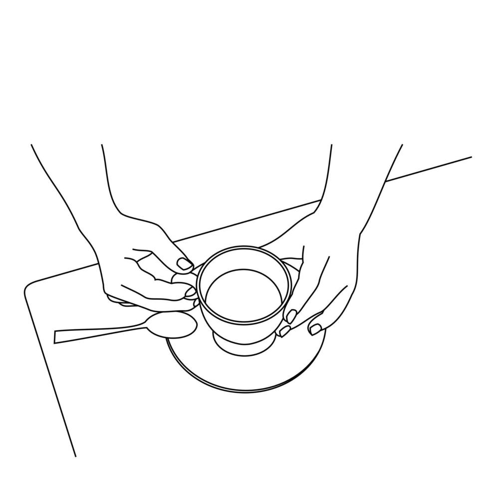 Illustration line drawing a hands holding a fresh cup of coffee or tea hot. Cup of italian or americano coffee espresso. Breakfast concept or vintage. Have a nice day. Isolated on white background vector