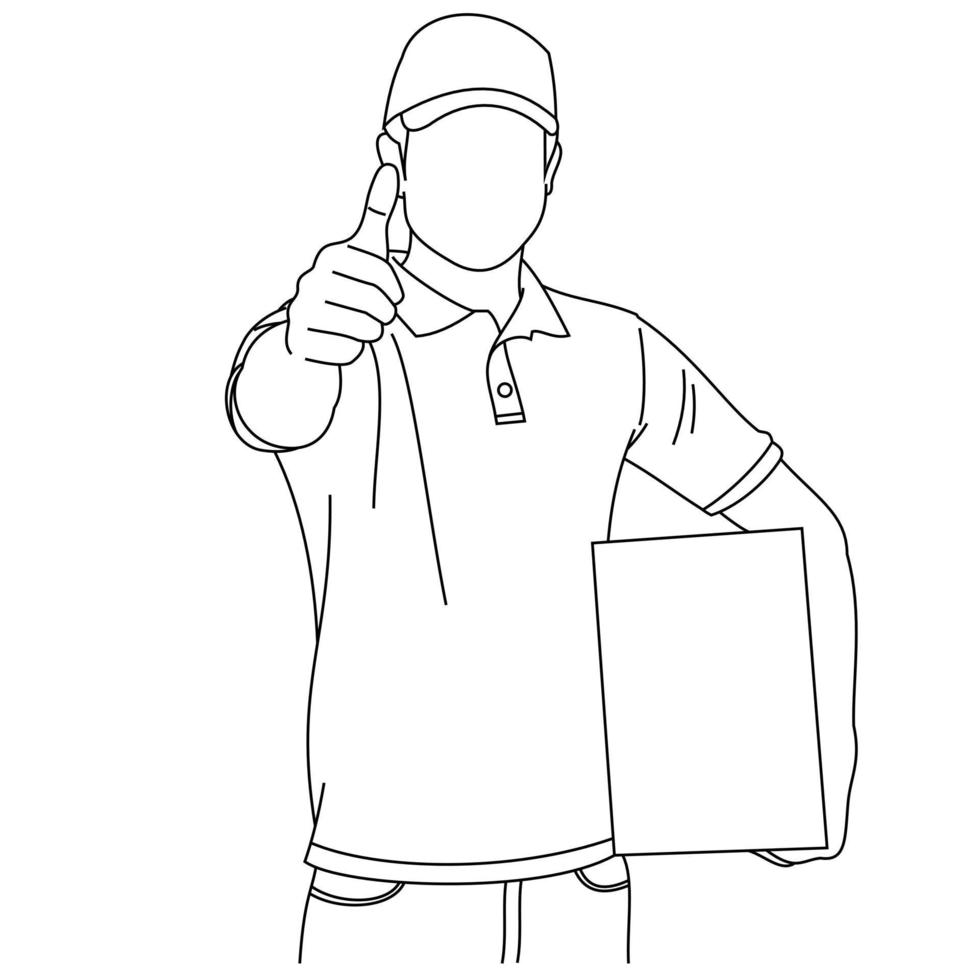 Illustration line drawings a male courier in t-shirts holding a cardboard while standing. Delivery couriers bring cardboard boxes on shoulders or arm. Carrying packages while gesturing thumb up sign vector