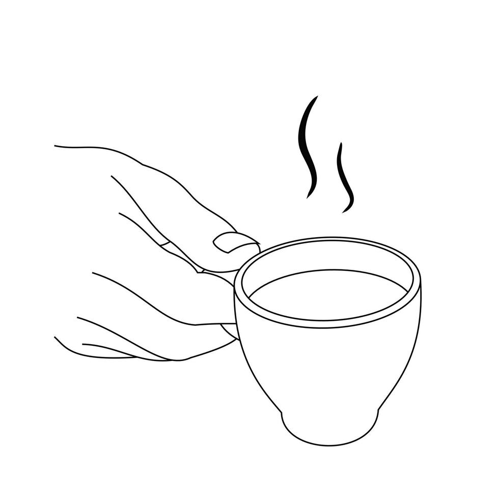 Illustration line drawing a hands holding a fresh cup of coffee or tea hot. Cup of italian or americano coffee espresso. Breakfast concept or vintage. Have a nice day. Isolated on white background vector