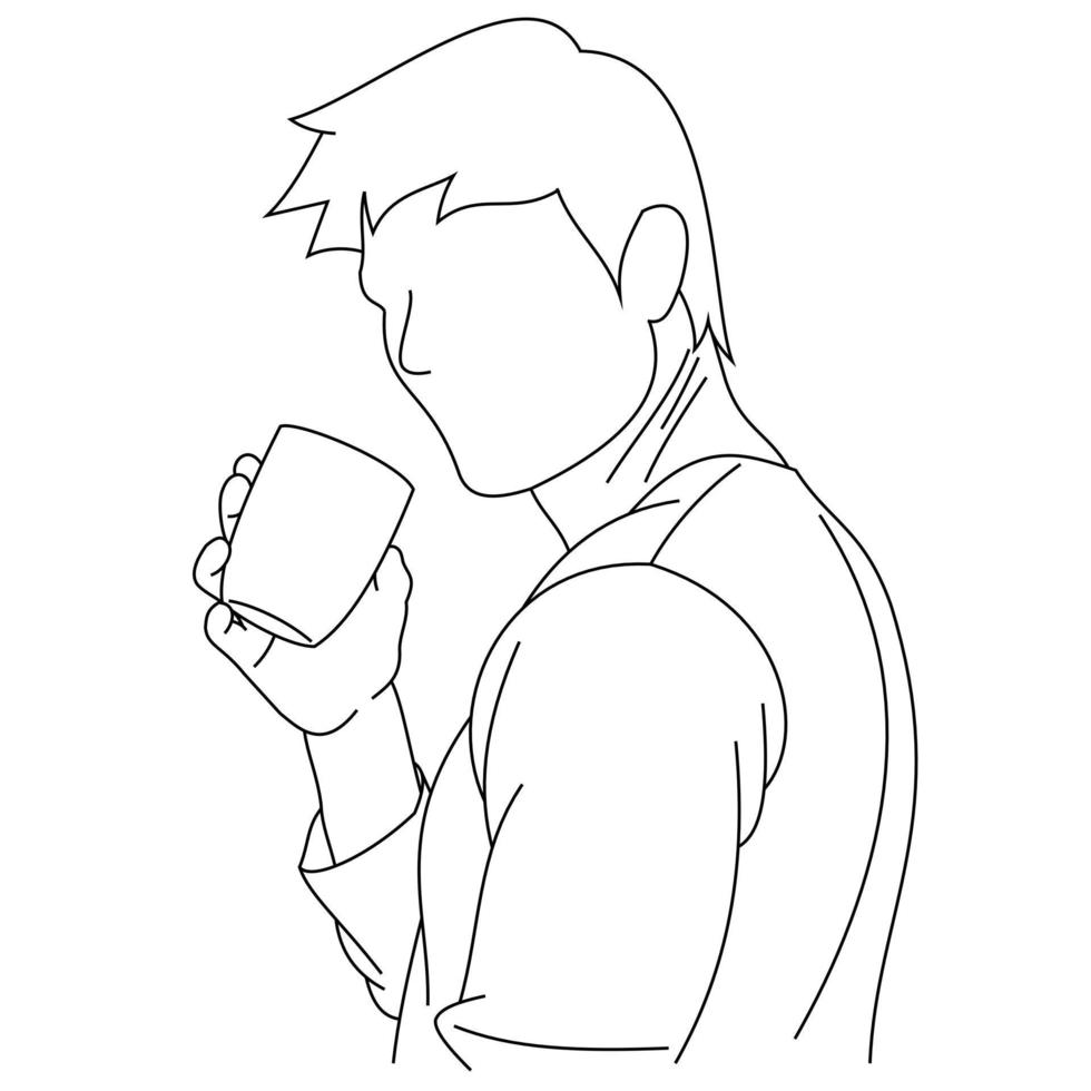 A handsome young man holding mug enjoying the aroma of a fresh cup of coffee or tea. A man sipping and drinking his morning coffee. Happy man smiling with smelling delicious coffee during breakfast vector