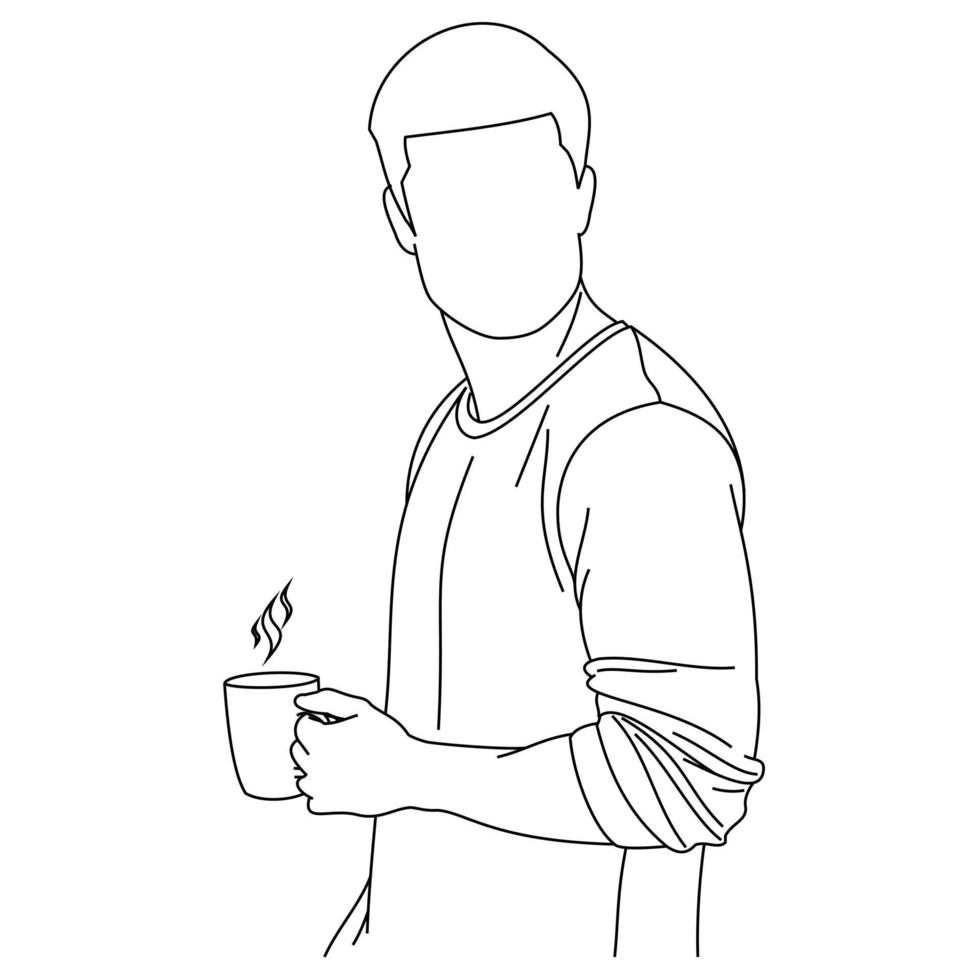 un apuesto joven sosteniendo una taza disfrutando del aroma de una taza de café o té recién hecho. un hombre bebiendo y bebiendo su café de la mañana. hombre feliz sonriendo con olor a café delicioso durante el desayuno vector