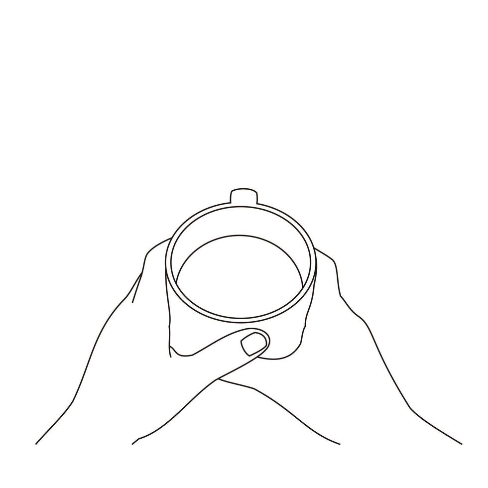 Illustration line drawing a hands holding a fresh cup of coffee or tea hot. Cup of italian or americano coffee espresso. Breakfast concept or vintage. Have a nice day. Isolated on white background vector