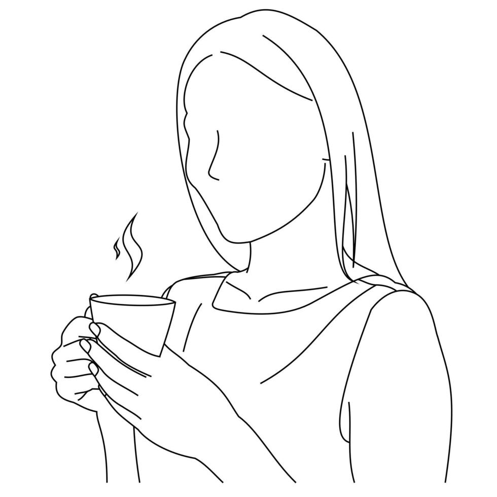 joven inteligente hermosa mujer sonriente disfrutando del aroma de una taza de café o té recién hecho. una mujer bebiendo su café de la mañana. mujer feliz sosteniendo una taza y bebiendo café durante el desayuno, que tengas un buen día vector