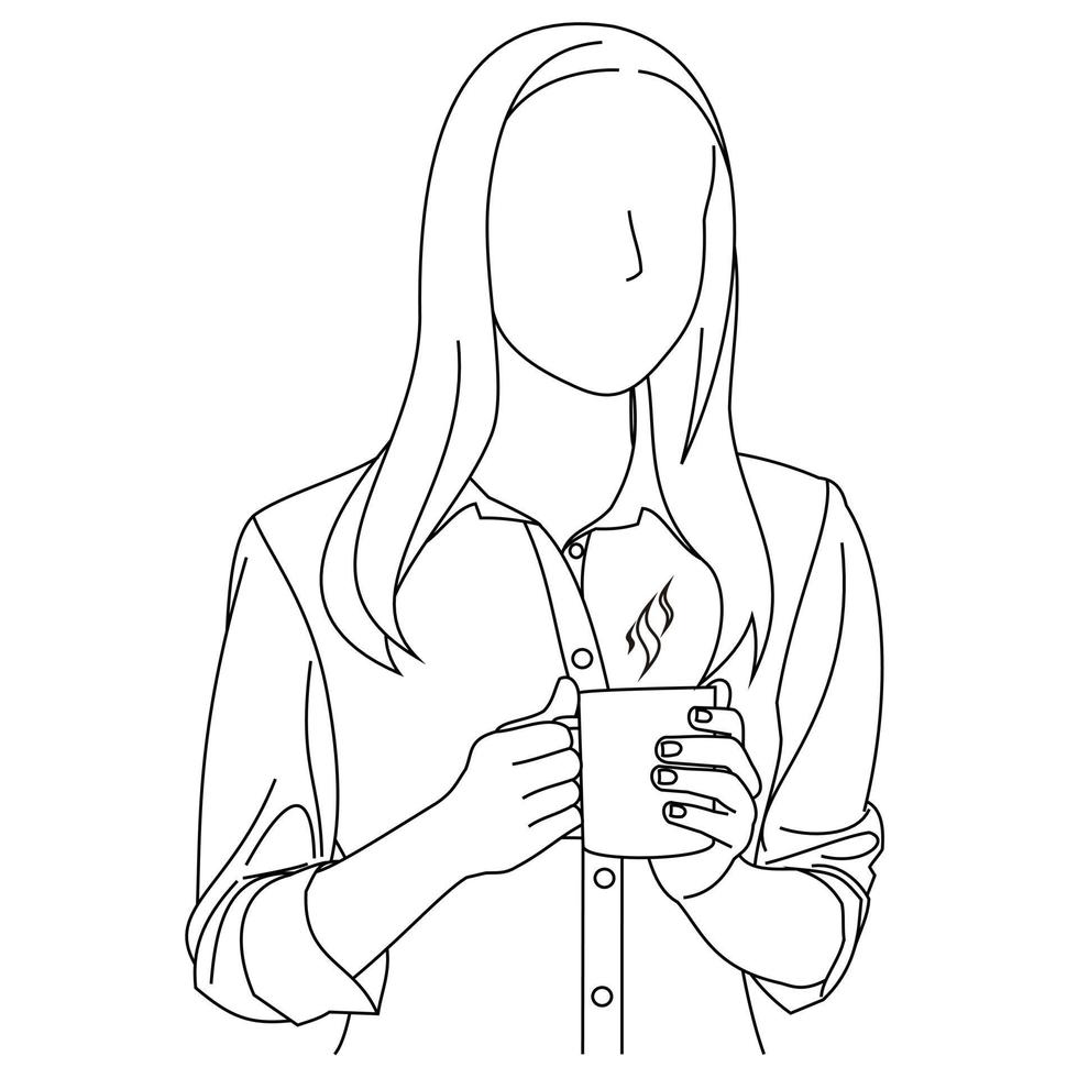 joven inteligente hermosa mujer sonriente disfrutando del aroma de una taza de café o té recién hecho. una mujer bebiendo su café de la mañana. mujer feliz sosteniendo una taza y bebiendo café durante el desayuno, que tengas un buen día vector