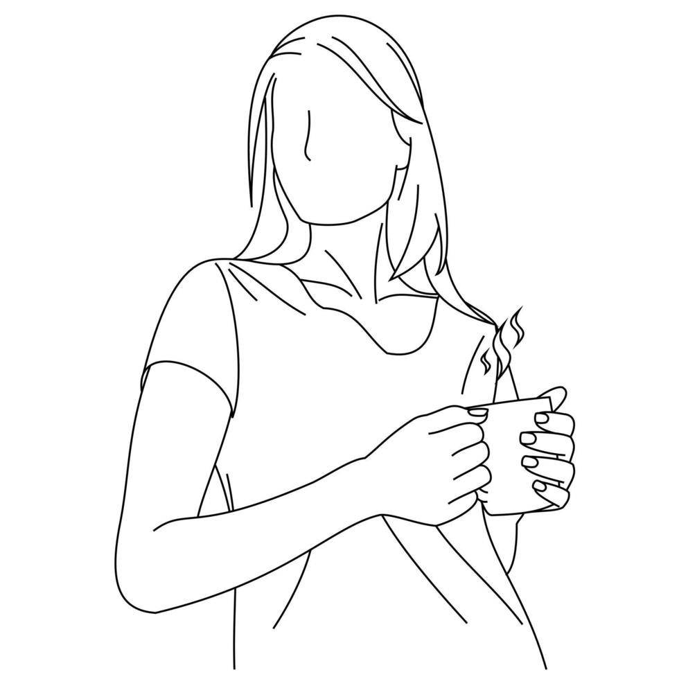 Young smart beautiful smiling woman enjoying the aroma of a fresh cup of coffee or tea. A woman sipping his morning coffee. Happy female holding cup and drink coffee during breakfast, Have a nice day vector