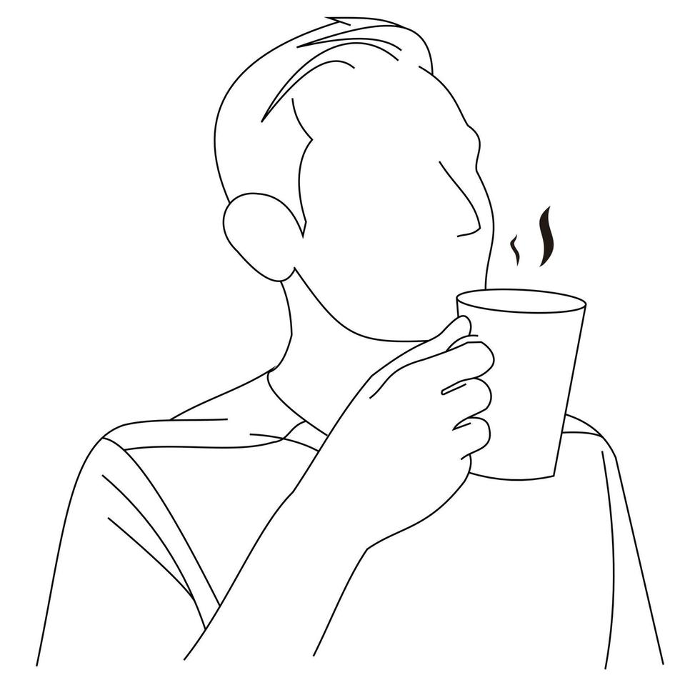 un apuesto joven sosteniendo una taza disfrutando del aroma de una taza de café o té recién hecho. un hombre bebiendo y bebiendo su café de la mañana. hombre feliz sonriendo con olor a café delicioso durante el desayuno vector