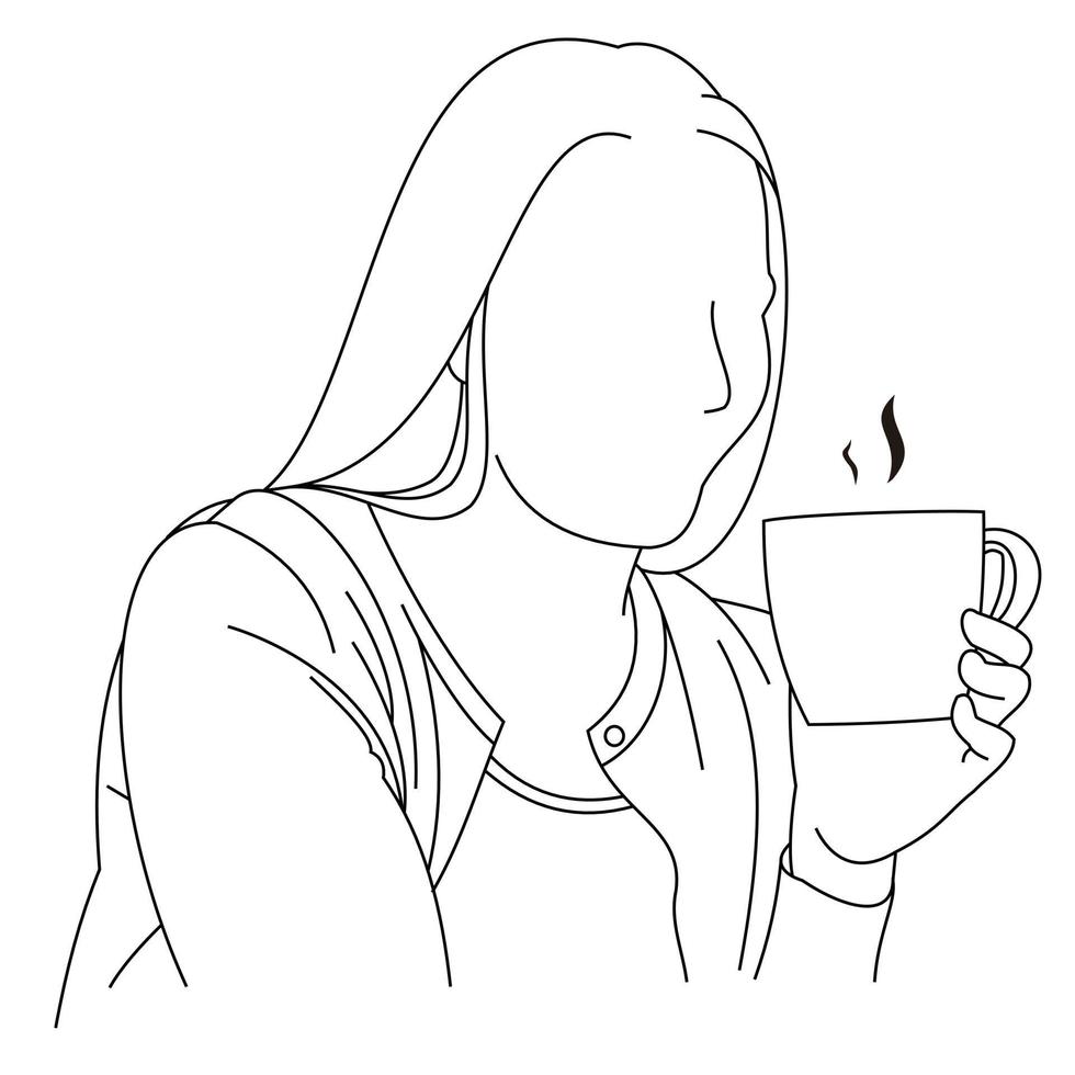 joven inteligente hermosa mujer sonriente disfrutando del aroma de una taza de café o té recién hecho. una mujer bebiendo su café de la mañana. mujer feliz sosteniendo una taza y bebiendo café durante el desayuno, que tengas un buen día vector