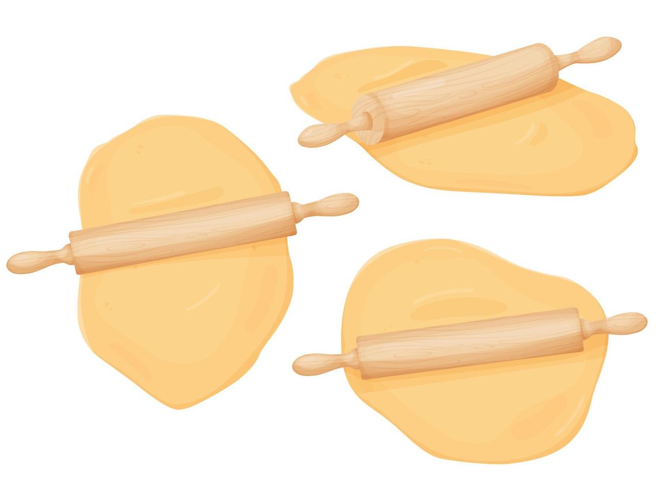 Fresh dough and rolling pin set. Rolled out dough for baking, pizza, cookie, biscuit, bread. vector