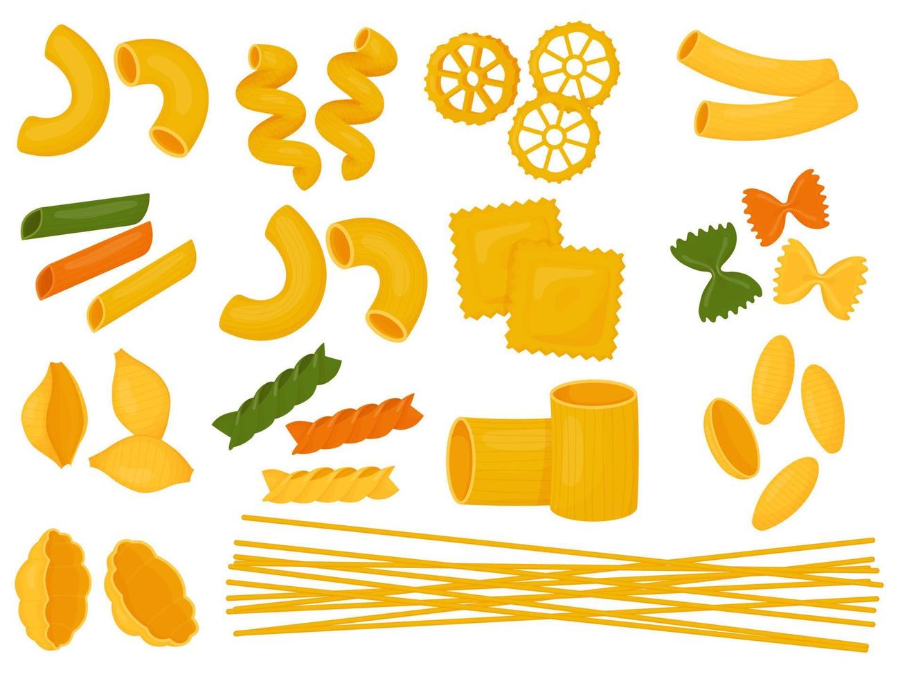 Big set of Italian pasta. Different types of Italian pasta. Spaghetti, Farfalle, penne, rigatoni, ravioli, fusilli,conchiglie, elbows, fettucine illustration. vector