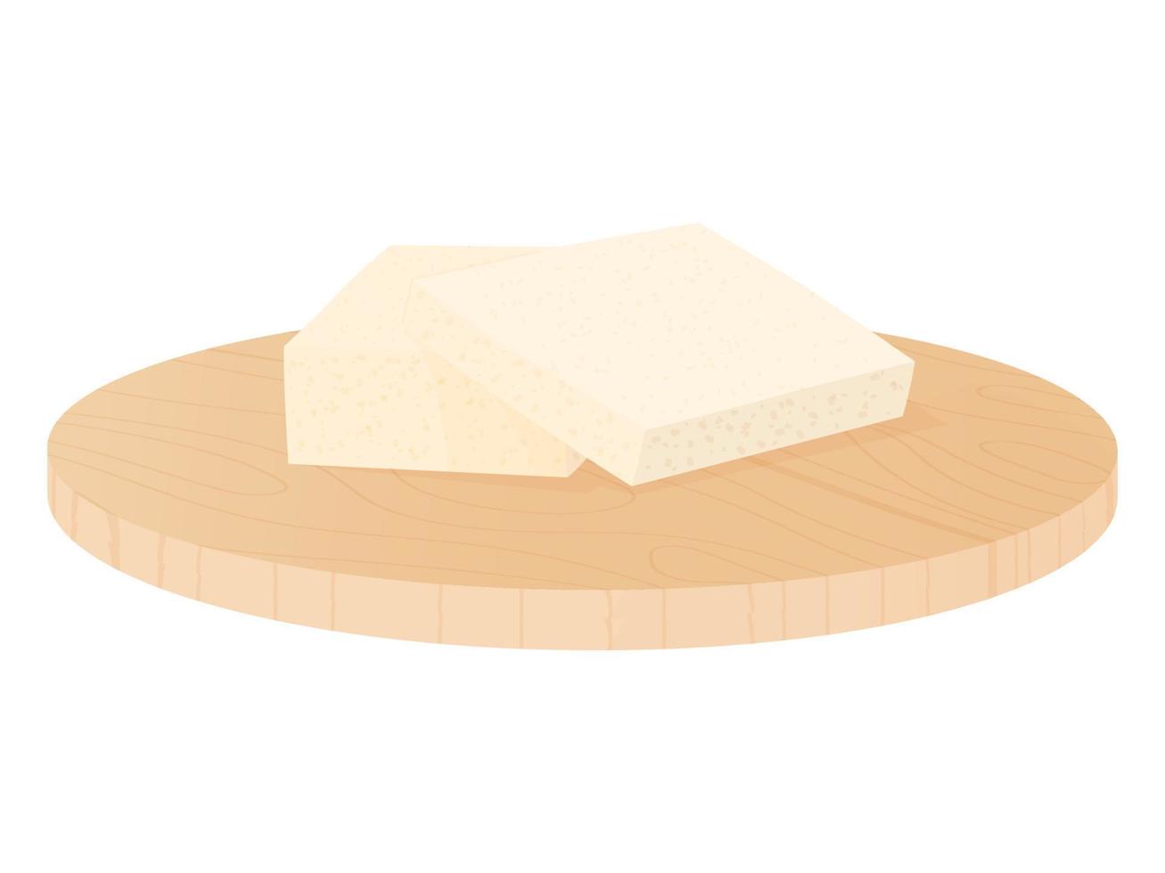 Wooden cutting board with tofu. Soy cheese and board isolated on white background. vector