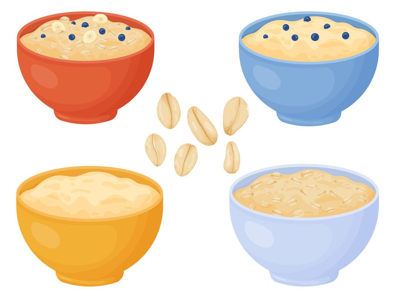 Oatmeal breakfast cups set. Oat grain porridge. Cartoon style muesli. Vector illustration isolated on white background.