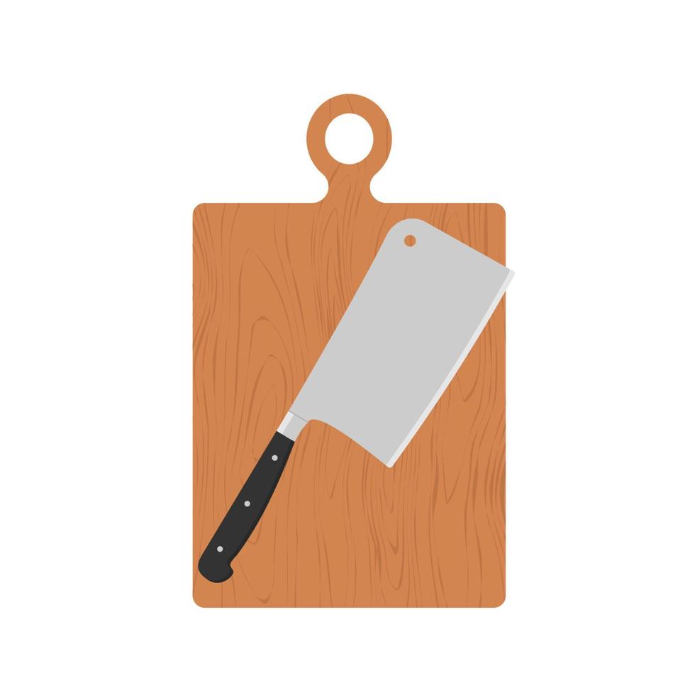 cuchillo de carnicero con mango negro en la tabla de cortar de la cocina. cuchillo de carnicero de cocina para carne. estilo plano vector