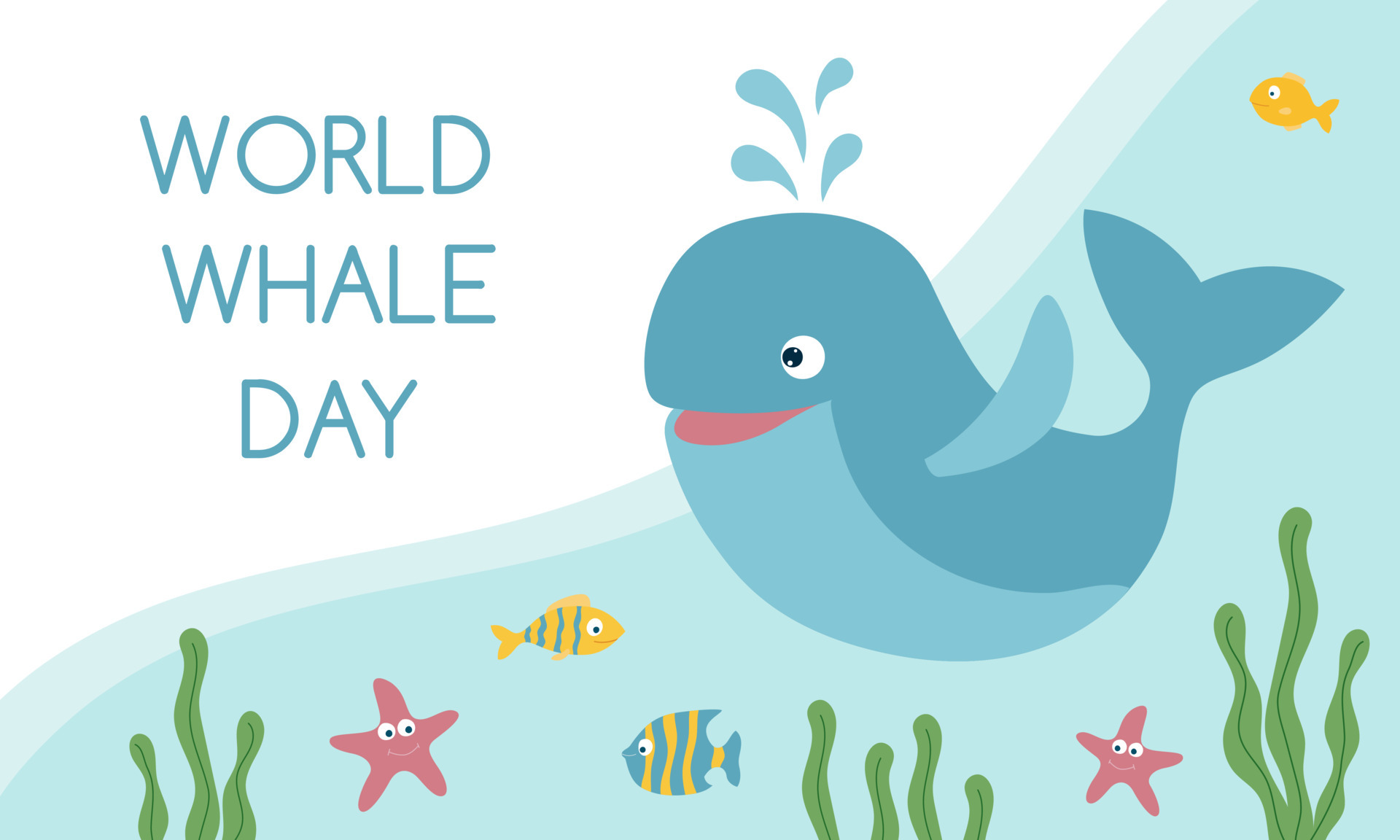 World whale day template. Cute whale, fishes and starfish under the