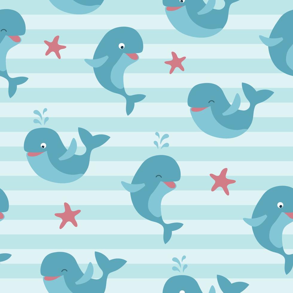 Seamless pattern of cute whales and starfish on blue striped background vector