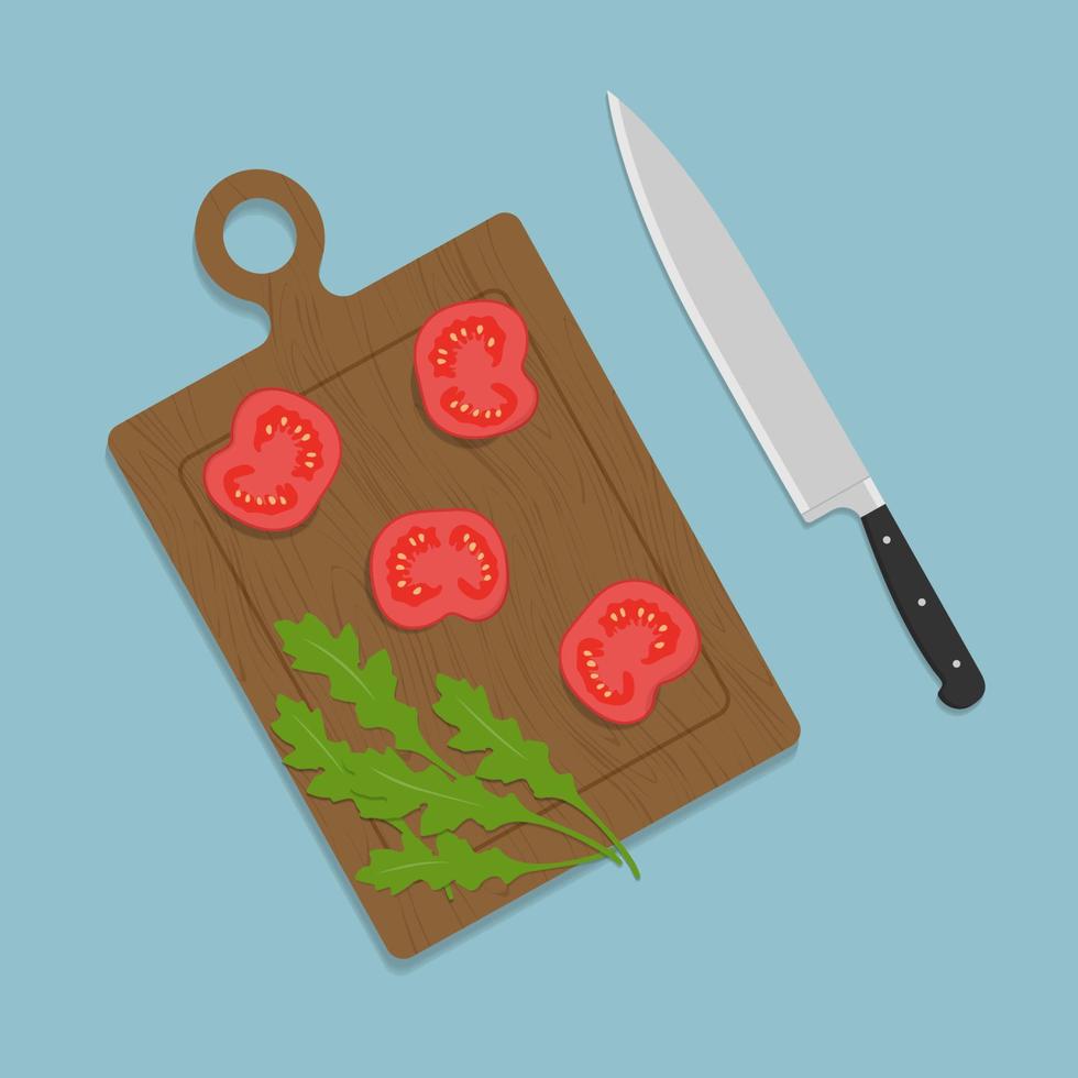 Kitchen knife and cutting board with tomatoes and salad leaves. Flat style. vector