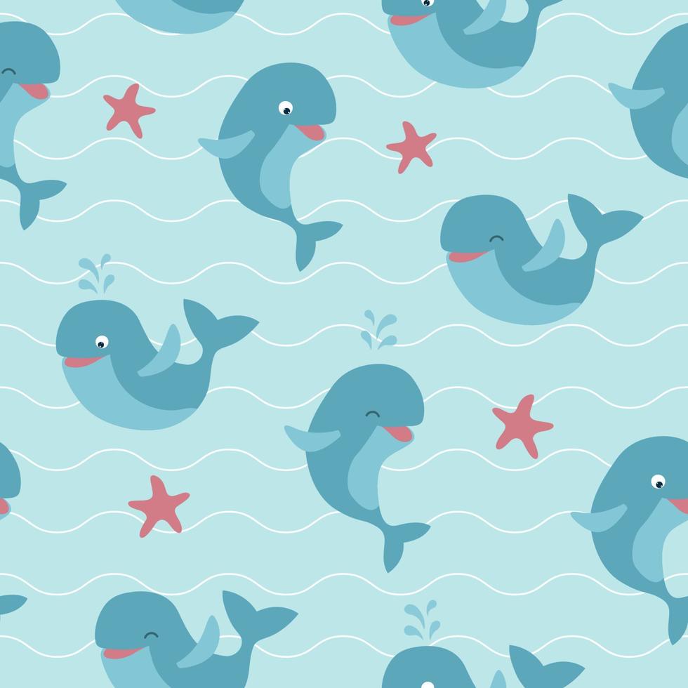 Seamless pattern of cute whales and starfish with waves on blue background vector
