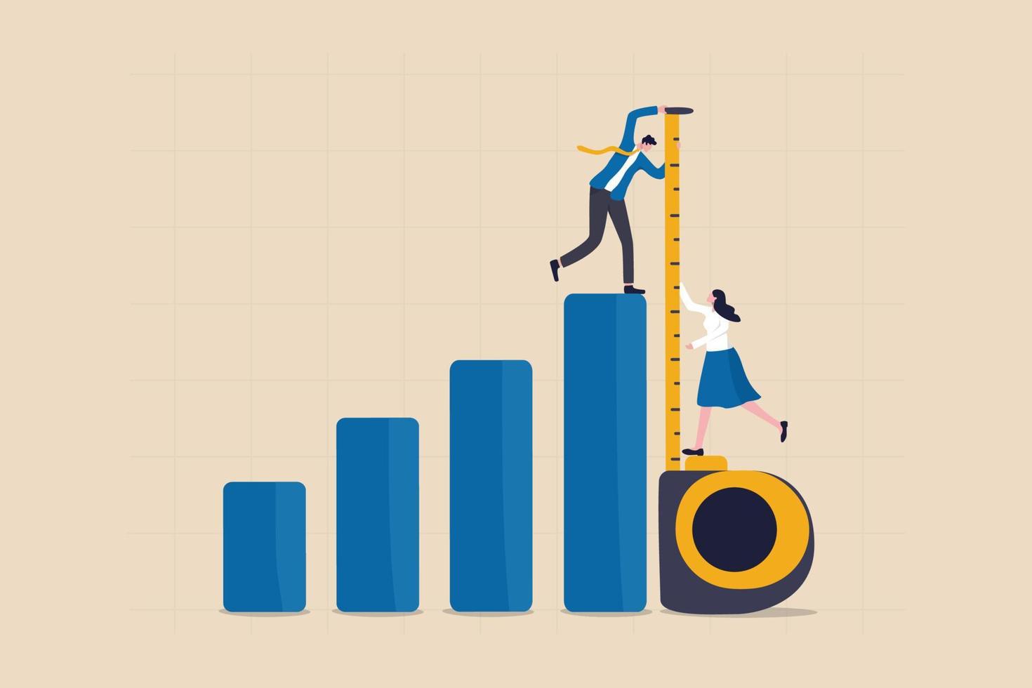 Business benchmark measurement, KPI, key performance indicator to evaluate success, improvement or business growth concept, businessman and woman help using measuring tape to measure bar graph. vector