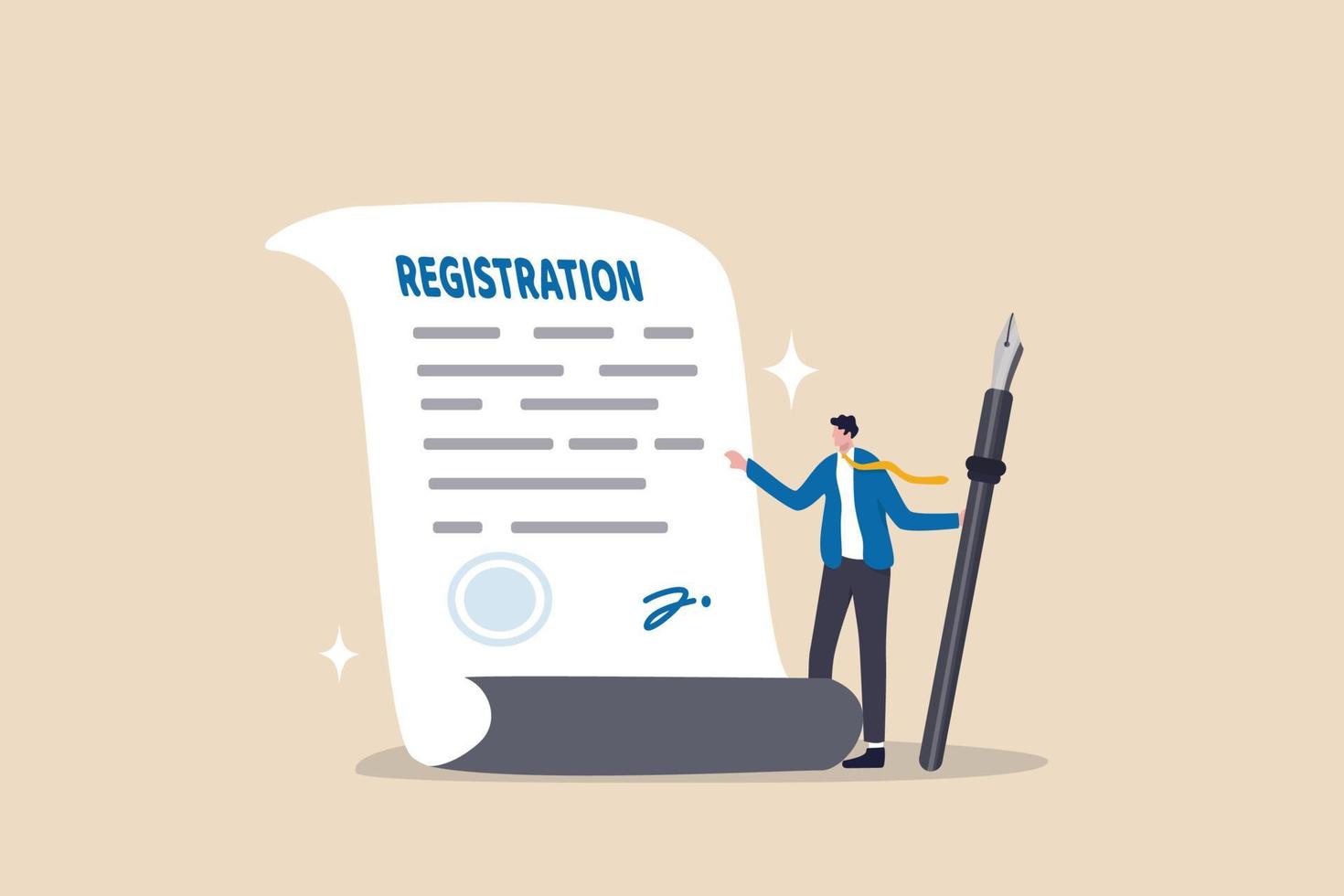 Company registration service, start new business, legal term or ownership entrepreneur assistant, confidence businessman holding pen success sign company document with stamped. vector