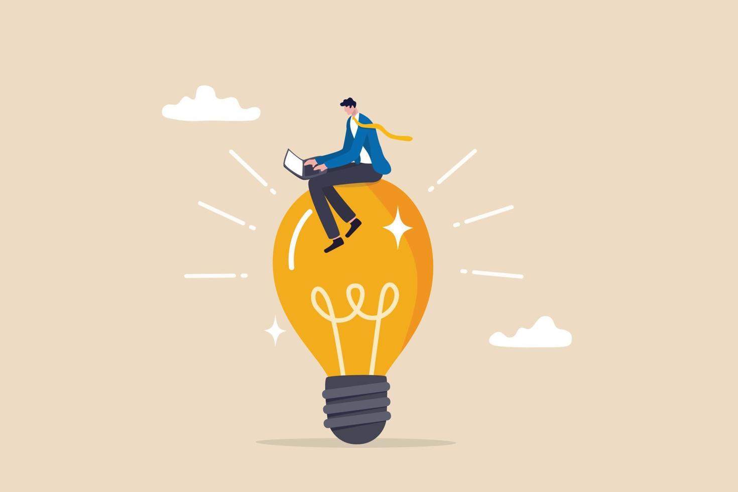 Entrepreneur solution, creative idea to solve work problem, success discover new innovation concept, smart businessman working with computer laptop on bright light bulb idea. vector