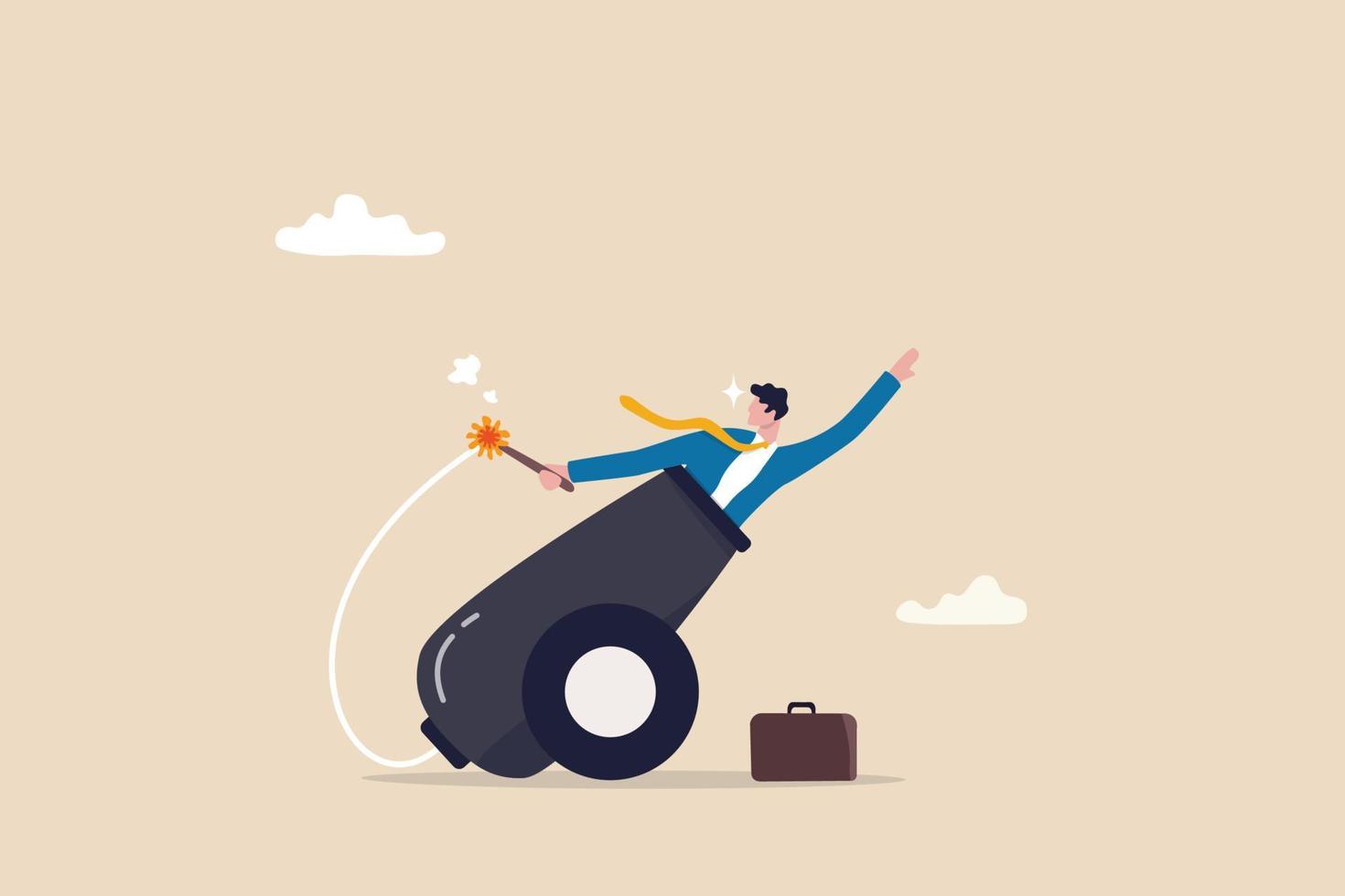 Self motivation to improve and boost business growth, determination to  victory, challenge and ambition concept, confidence businessman ignite the  cannon to launch himself flying high to reach target. 5440511 Vector Art at