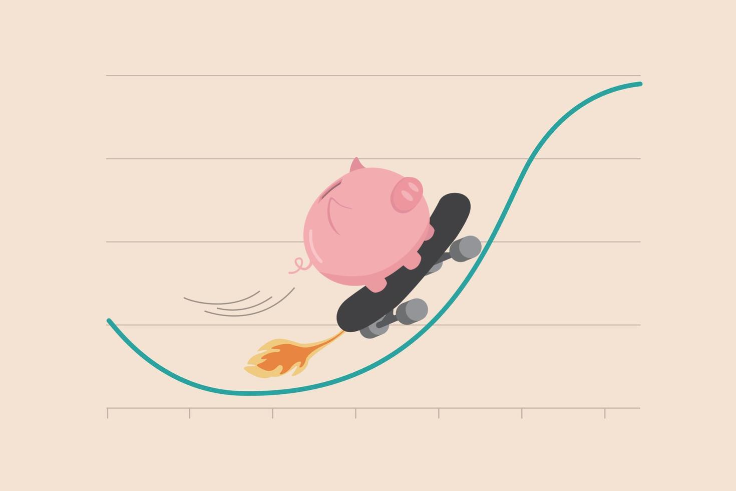 Stock market rebound, make profit from investment or growing wealth, get rich or financial success savings concept, happy pink piggy bank savings riding fast skateboard on investment rising up graph. vector