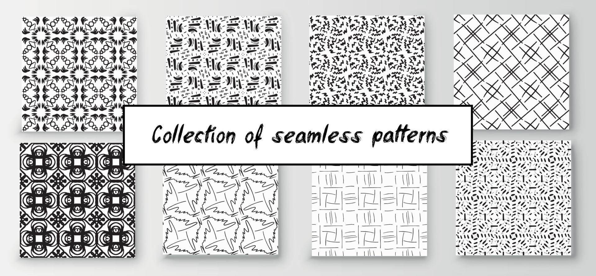 Set of seamless abstract geometric hand-drawn patterns. Modern creative background vector