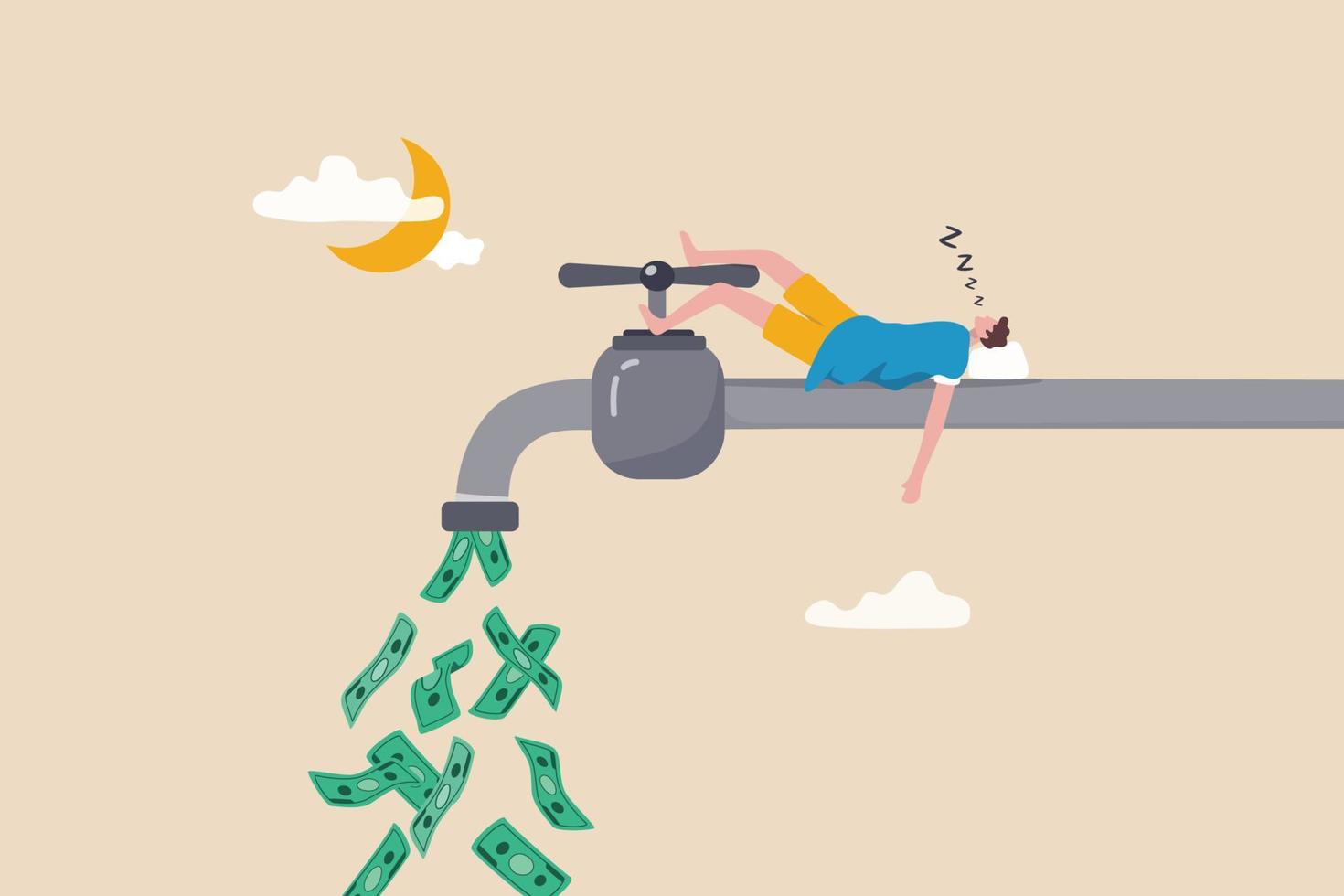 Make money while sleeping, passive income streams with side hustle, dividends, property rental or investment profit concept, rich young man sleeping at night on pipe faucet with money banknote flow. vector
