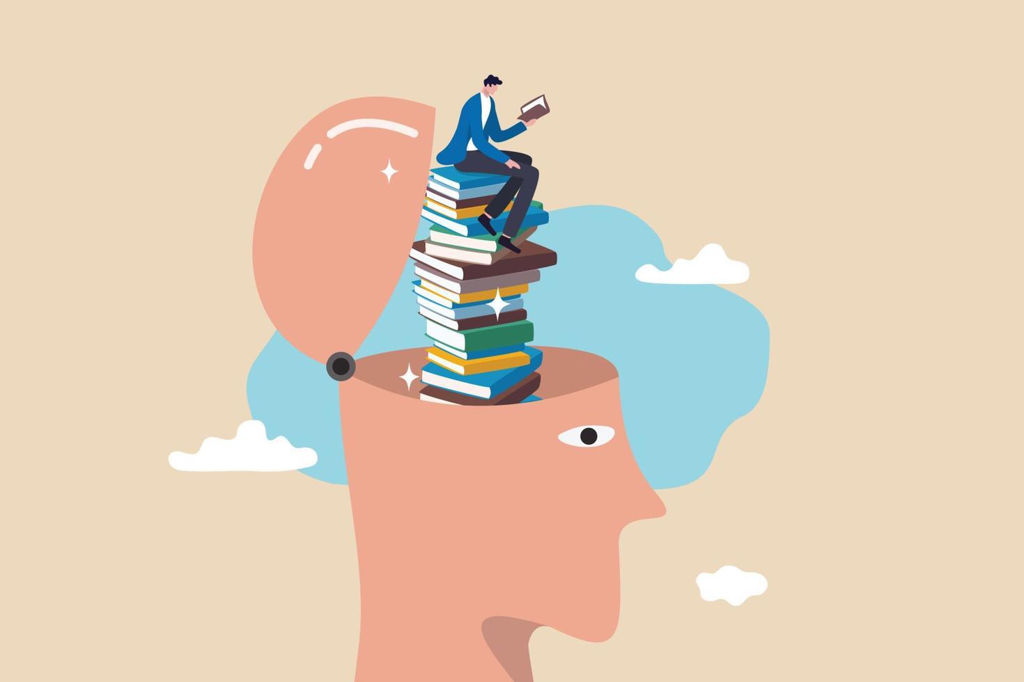 Reading books to gain knowledge, intelligence and thinking skill, lifelong learning, research and study for personal growth concept, calm young adult reading book on books stack growth from his head. vector
