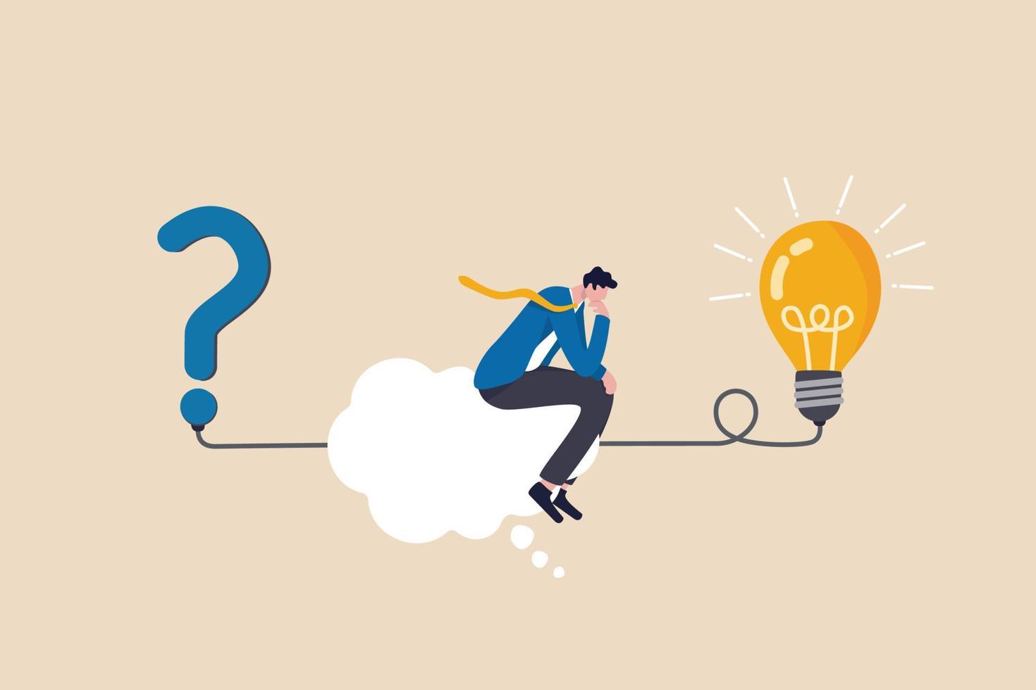 Problem solving skill, critical thinking or finding solution to solve problem, answer question, creativity or imagination, businessman on thinking bubble connect question mark to lightbulb solution. vector