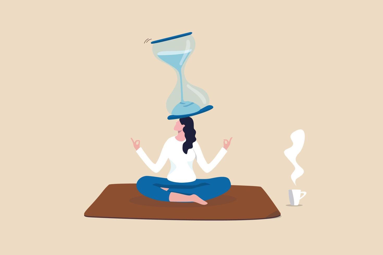 Patience time, practice to concentrate and wait for success, being professional calm and mindfulness thinking, endurance concept, relax woman sitting with sandglass on her head practicing patience. vector