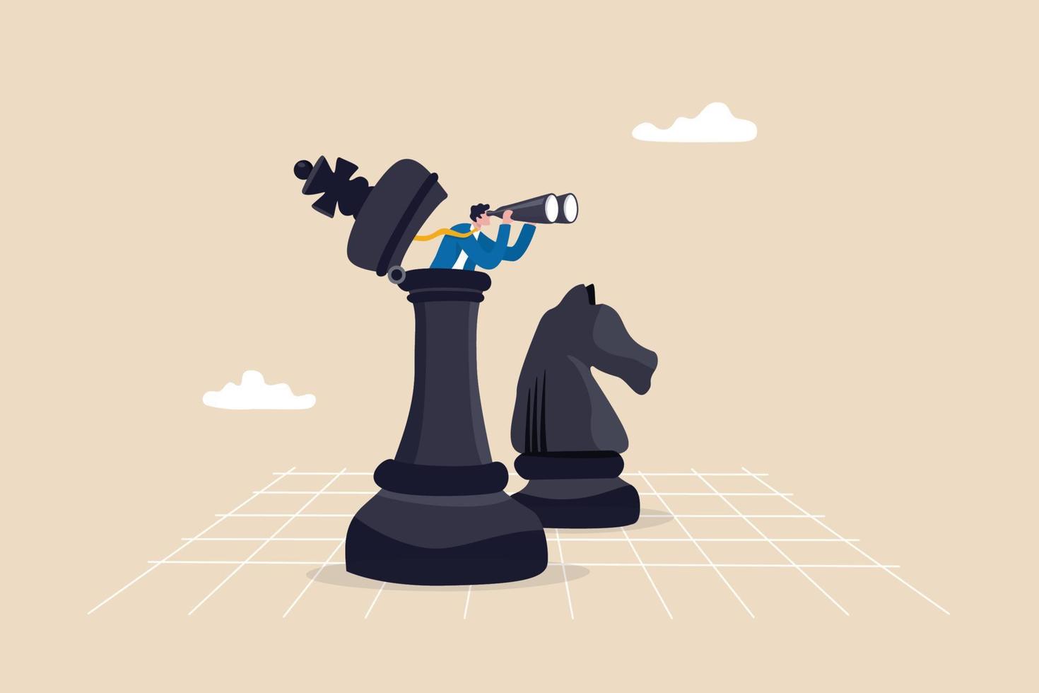 Success strategy, plan ahead to win business competition, leadership vision or looking for opportunity, competitor analysis concept, businessman leader open chess king with binocular to look ahead. vector