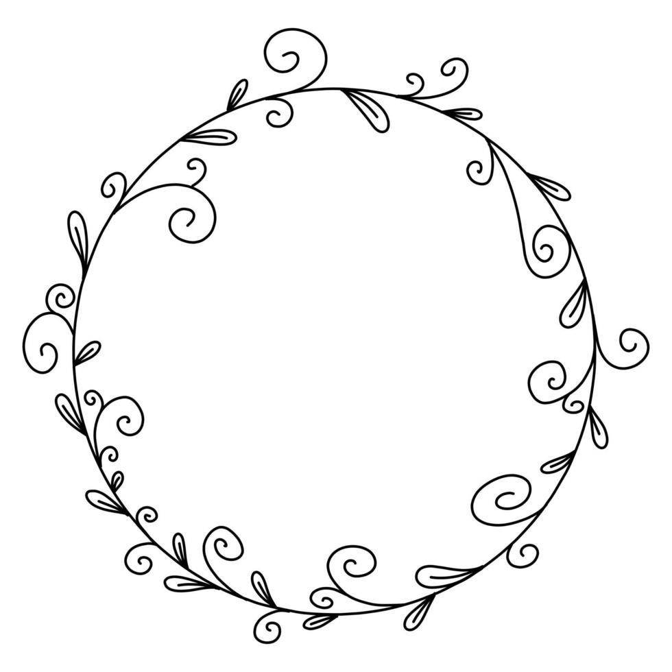 Vector floral frame in black lineart style illustration. Round beautiful decoration with leaves for invitations, greeting cards, wedding