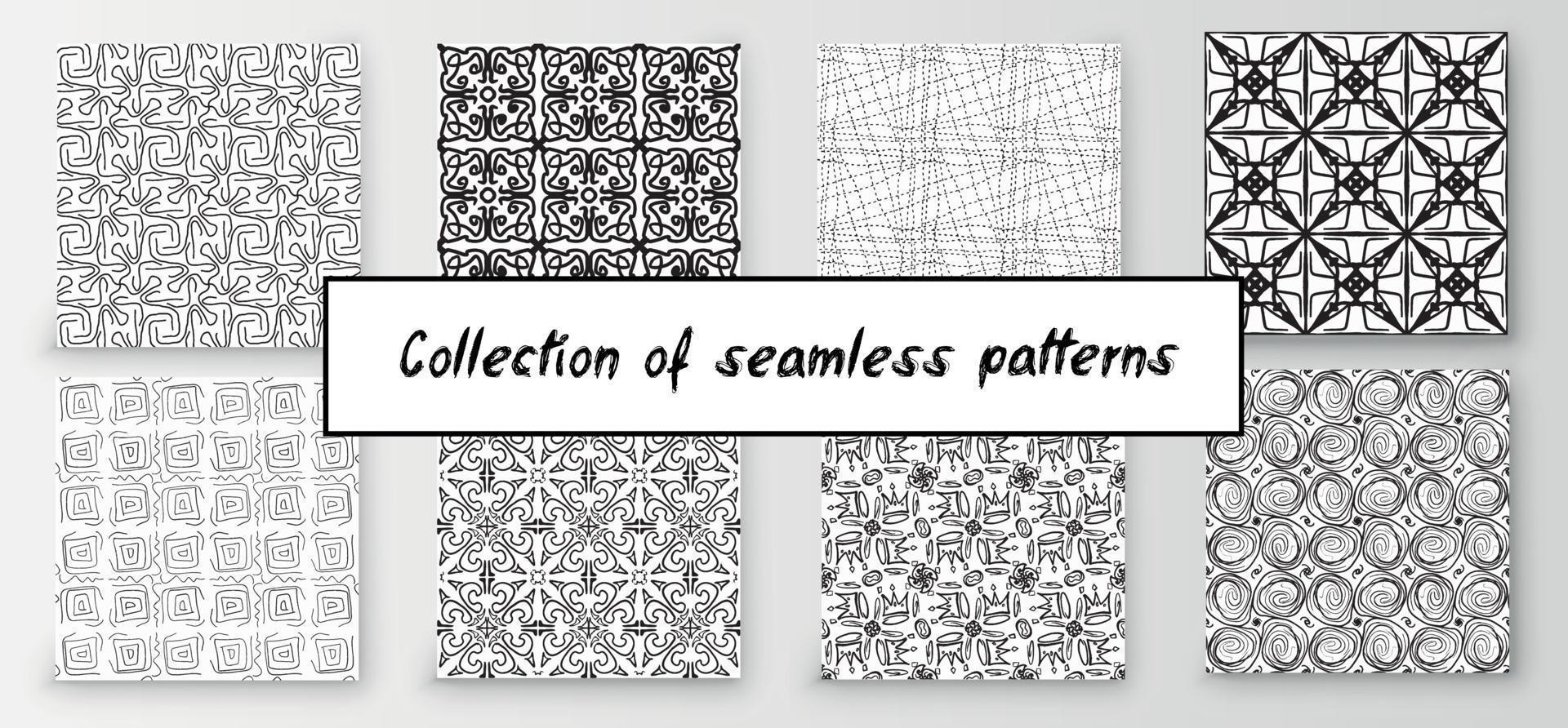 Set of seamless abstract geometric hand-drawn patterns. Modern creative background vector
