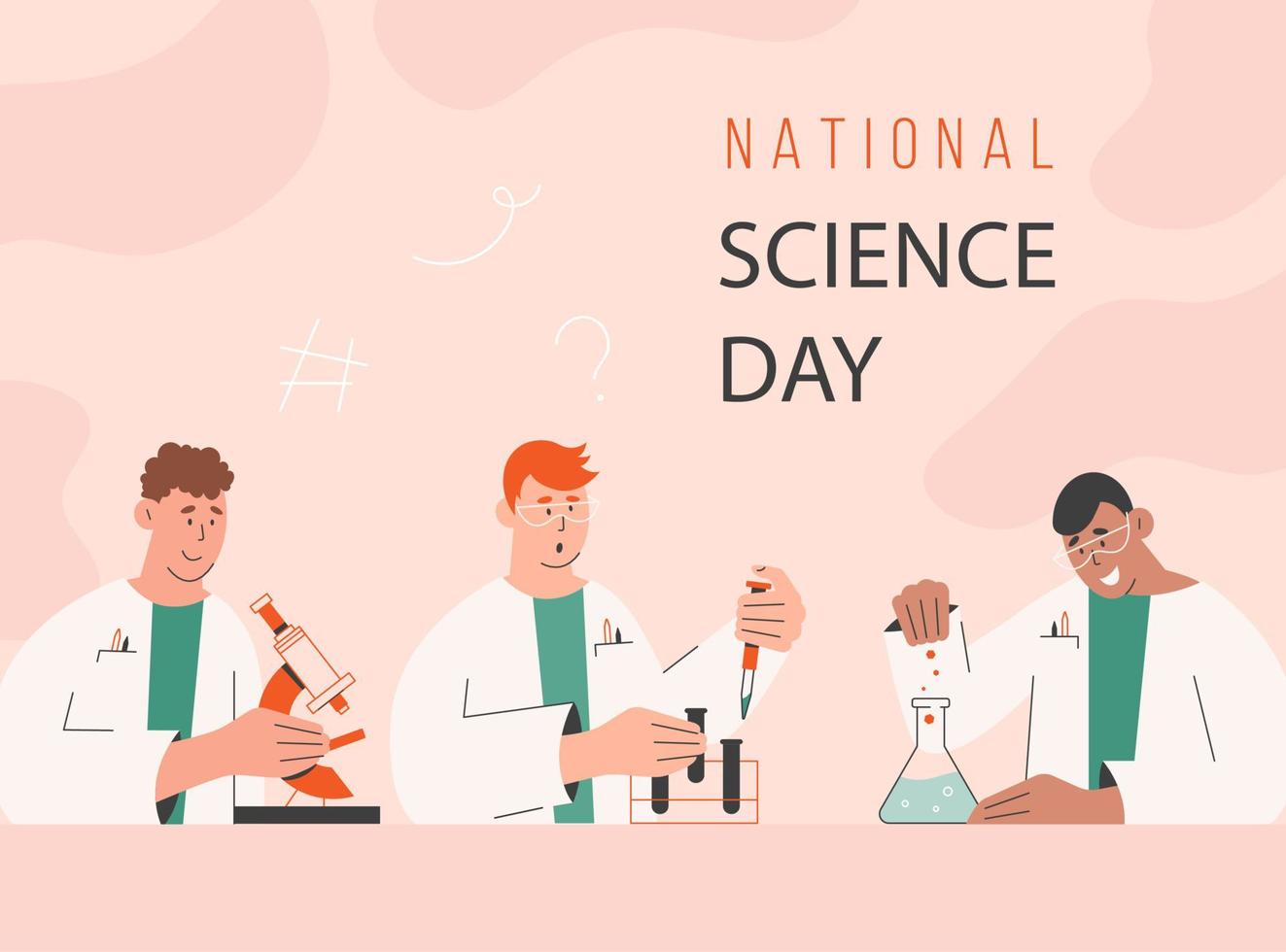 National Science Day poster with young scientists making research. vector