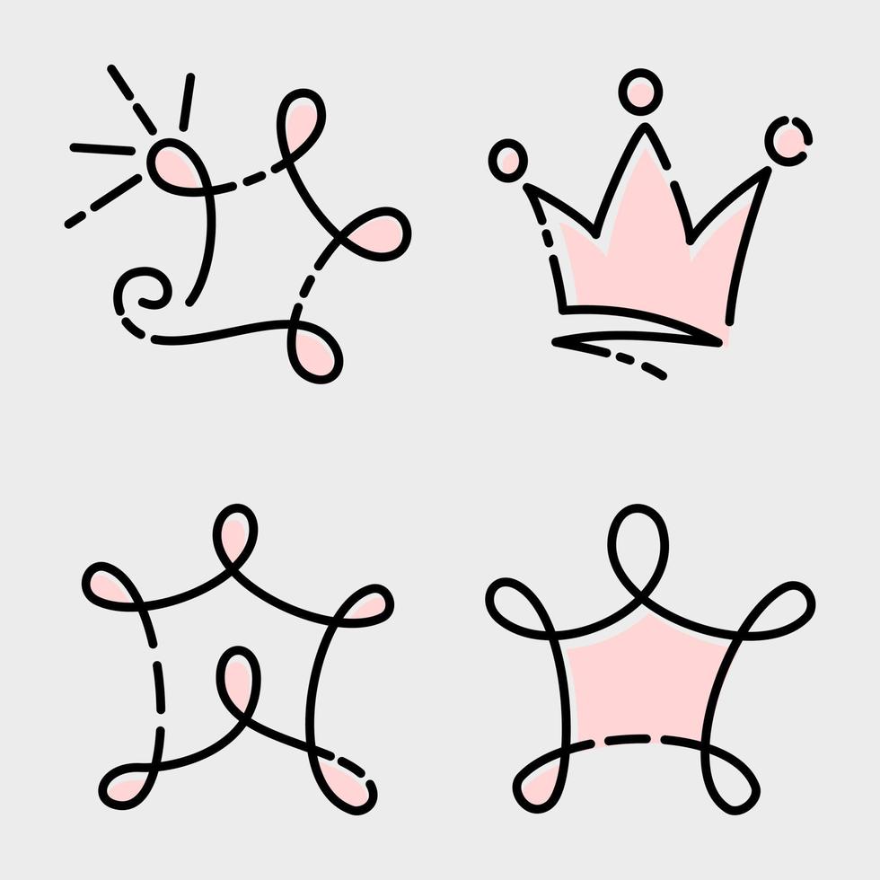 Doodle set crown line art, vector illustration.