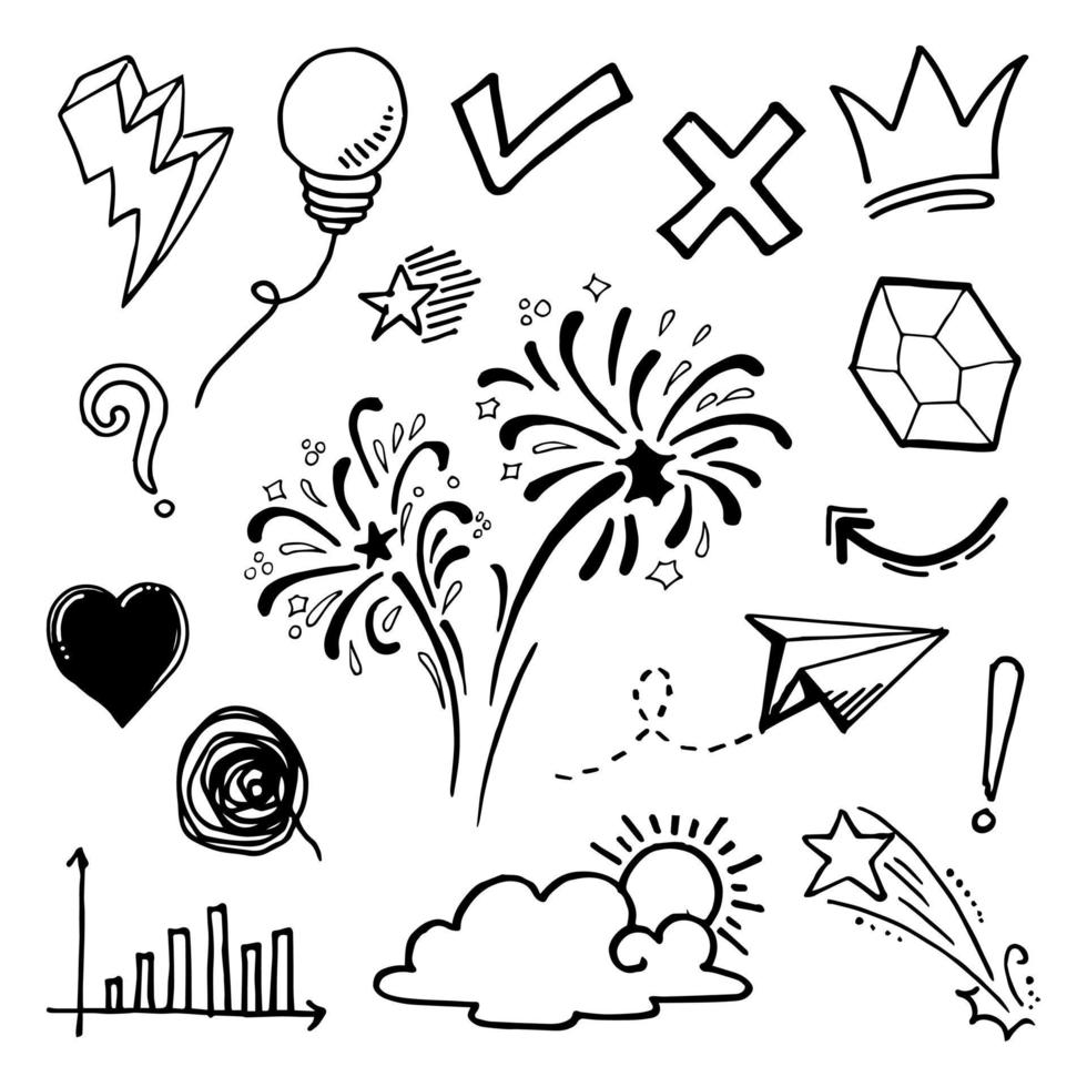 Doodle conjunto de vectores ilustración con vector de estilo de arte de línea de dibujo a mano. corona, rey, sol, flecha, corazón, amor, estrella, remolino, swoops, énfasis, para el diseño conceptual