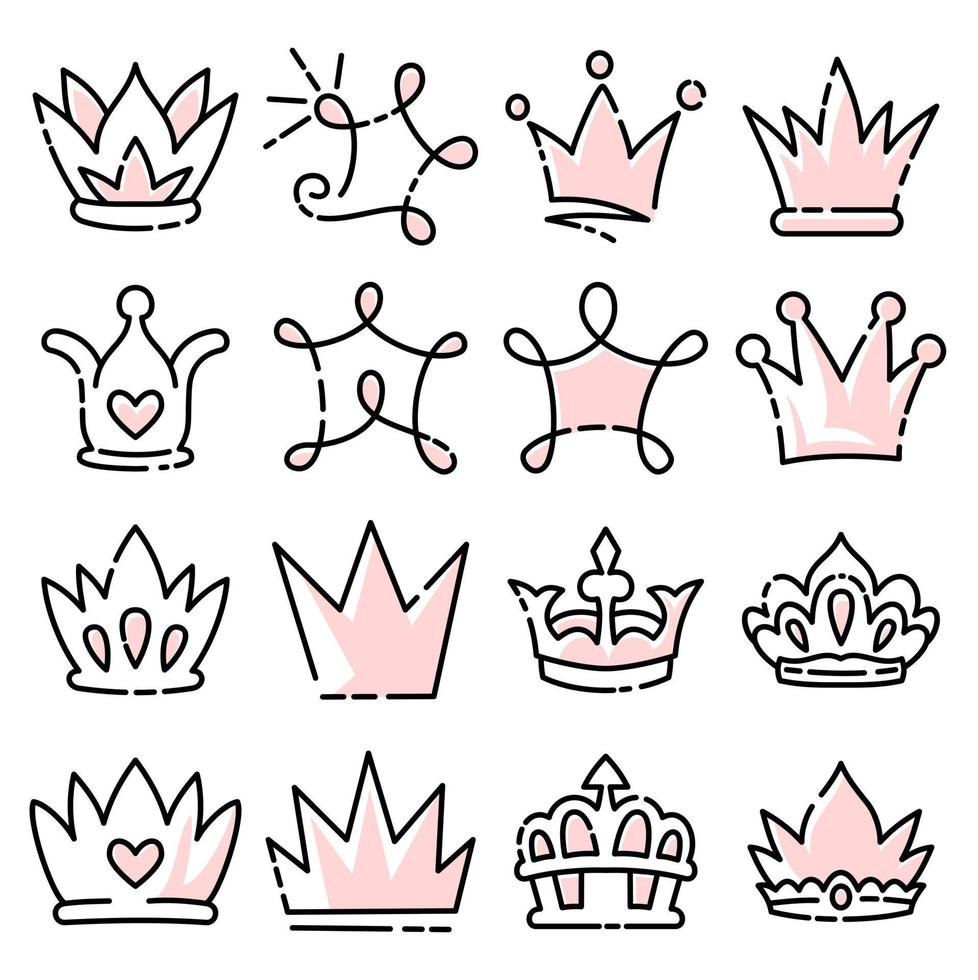 Doodle set crown line art, vector illustration.