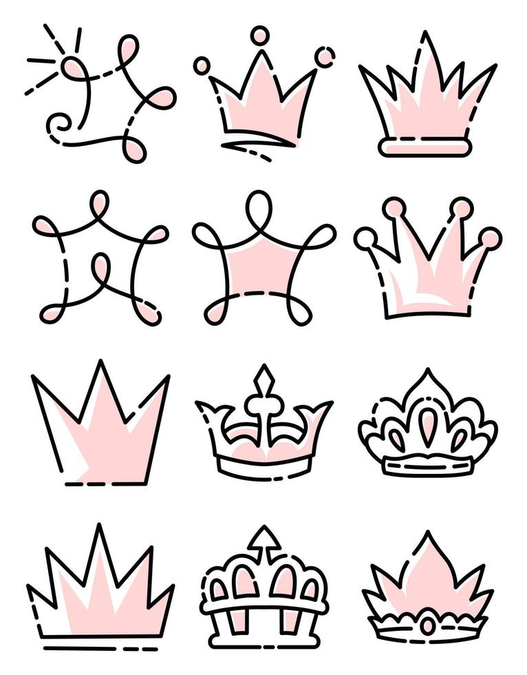 Doodle set crown line art, vector illustration.