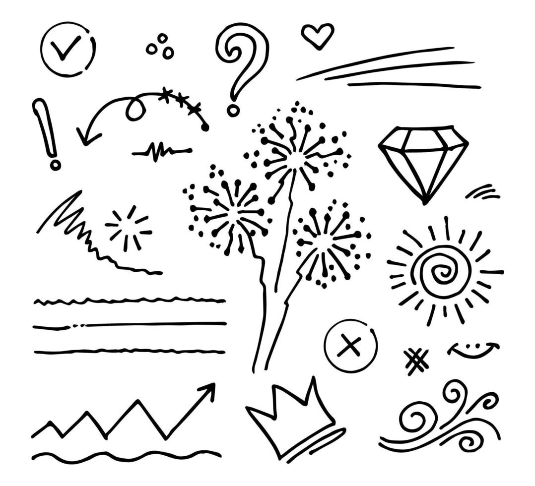 Doodle conjunto de vectores ilustración con vector de estilo de arte de línea de dibujo a mano. corona, rey, sol, flecha, corazón, amor, estrella, remolino, swoops, énfasis, para el diseño conceptual