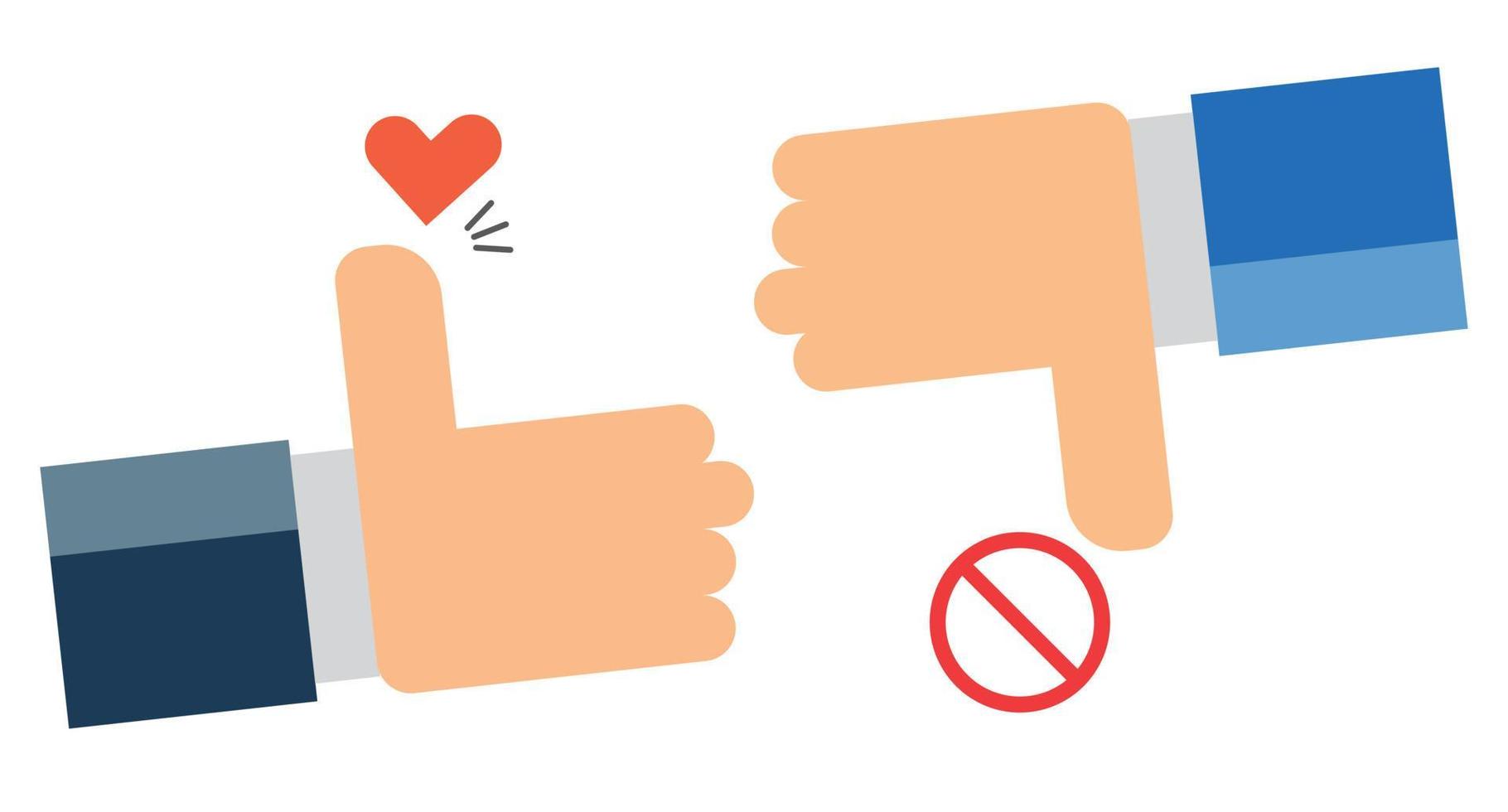 Thumbs up and thumbs down. With heart symbol and stop sign. Vector. vector