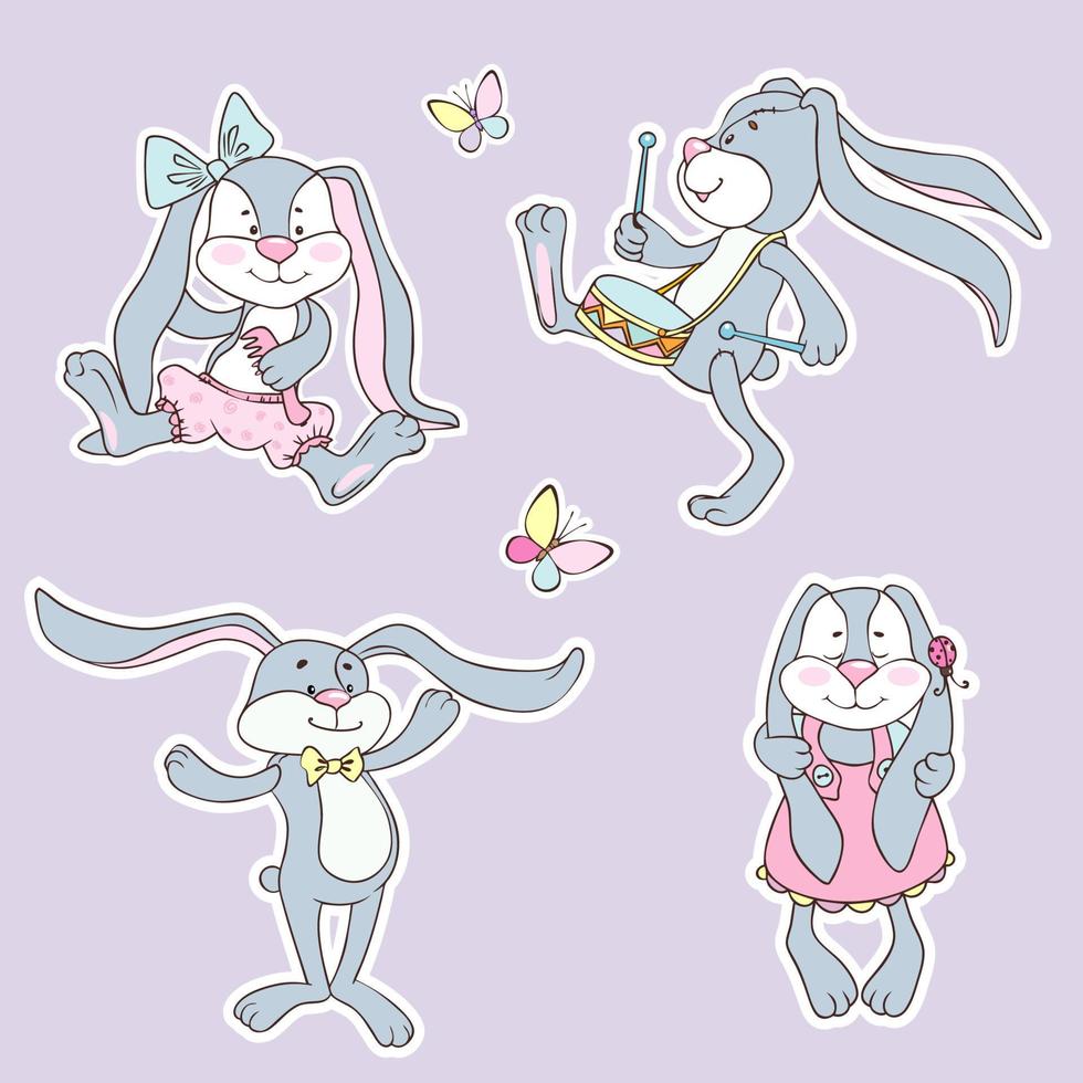 Set of cute funny toy bunnies or bunnies. The image is separated from the background. vector